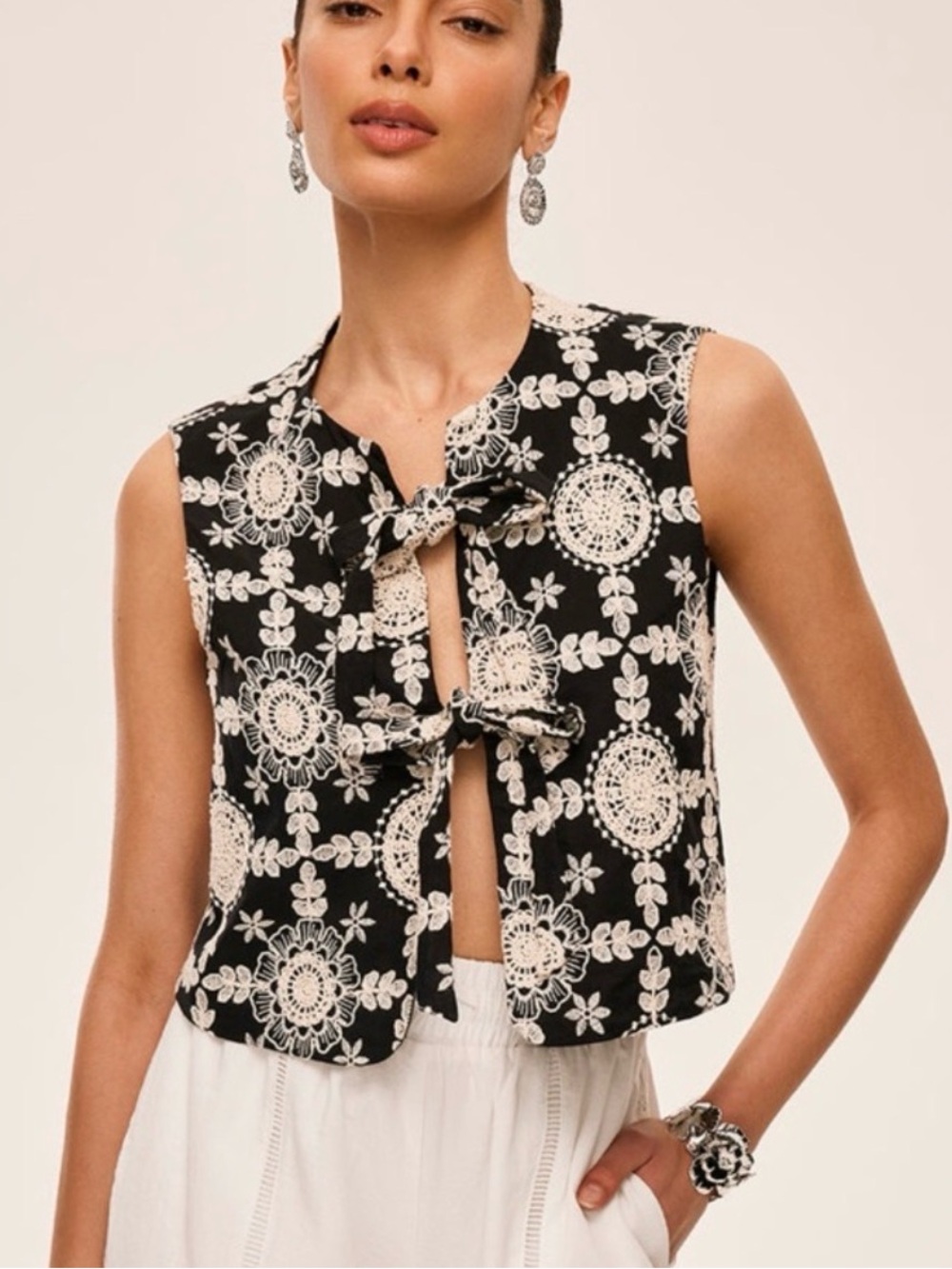 Commense Black & Cream Embroidered Tie-Front Crop Top